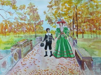 Саша Пушкин гуляет с мамой по парку 